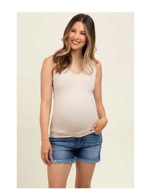 Pink blush Navy Fringe Hem Side Slit Maternity Denim Shorts